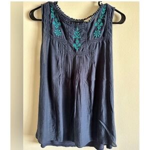 Embroidered Navy Sleeveless Women's Top - Teal Detail